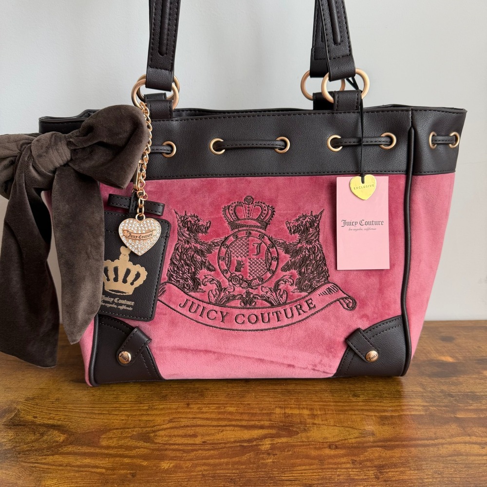 New Juicy Couture Classic Scottie Dogs Daydreamer Viral Tote Bag Cranberry Brown